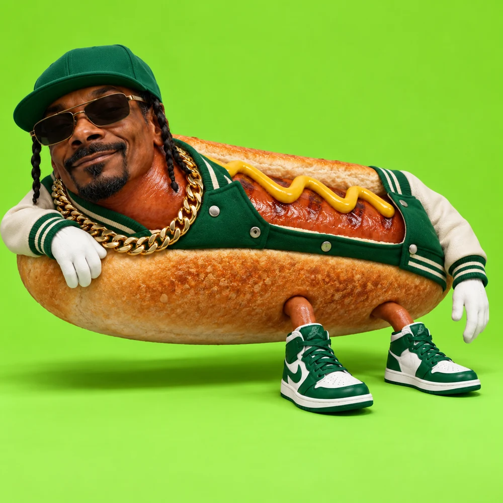 Snoop Hot Dog wearing a green varsity jacket and matching sneakers